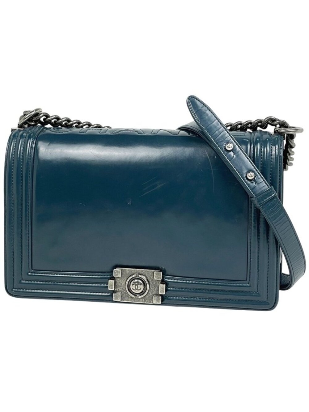 Chanel Boy Chain Shoulder Bag CC Logo Leather Blue